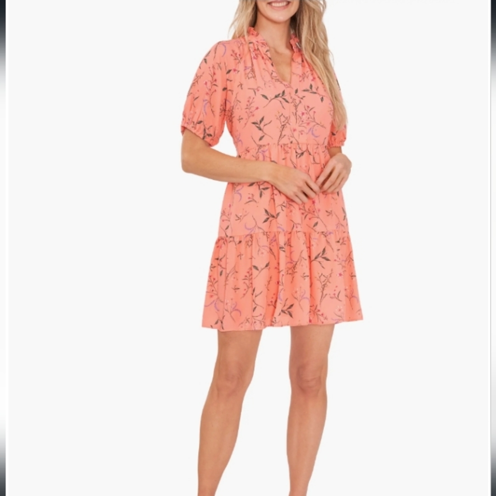 Short Sleeve Coral Floral Print CeCe Babydoll Swing Dress